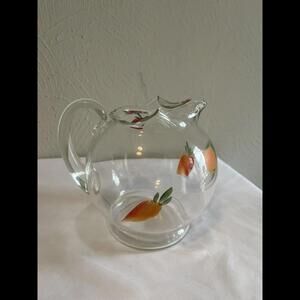 Vintage Handpainted Clear Glass Pitcher Footed Base Handle Round Shape 5.5" T